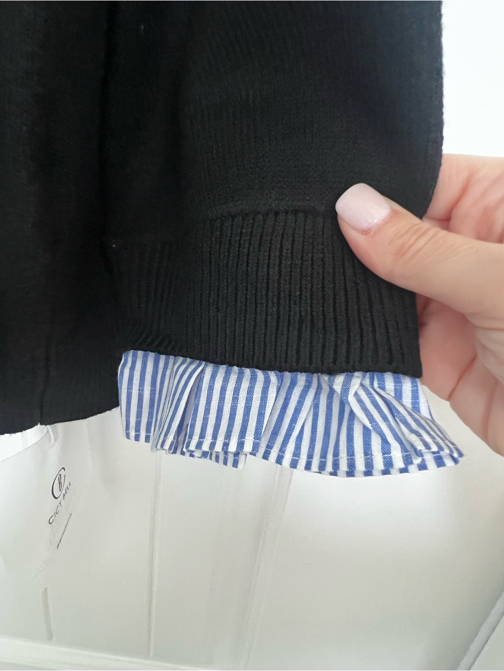 Cicy Bell Women's Black Sweater with Blue Striped Ruffle Trim - Picture 6 of 10